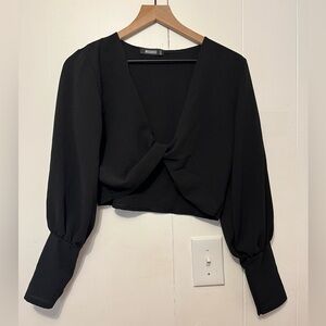 Missguided Black Twist Front Blouse crop top long sleeve